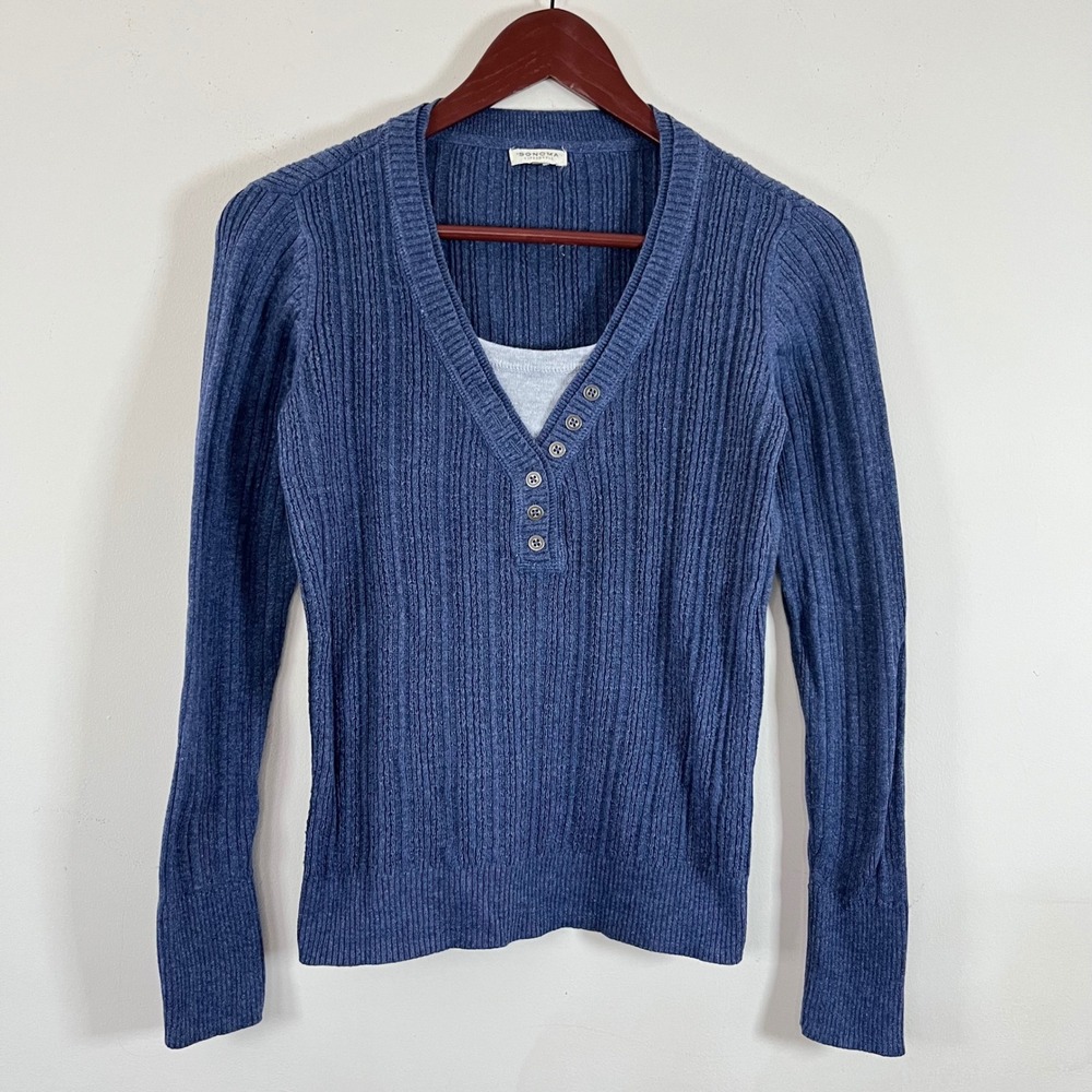 Vintage Y2K Sonoma Long Sleeve Knit Layered Henley Shirt Blue Gray Bella  Core‎ - Picture 2 of 7